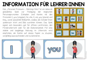 Vorschau - Spiele - Personal Pronouns Englisch – Personalpronomen, Grammatik, I, you, he, she, it, we, they | Matching Pairs - Seite 1