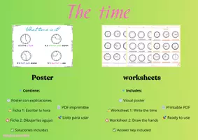 Vista previa - Hojas de trabajo - Aprender la hora en inglés – Póster + 2 fichas imprimibles con soluciones - Portada