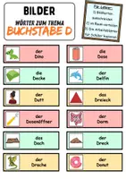 Vorschau - Arbeitsblätter - Vokabelzettel/Bildkarten Thema Buchstabe D - DaZ/DaF, Deutsch (Wortschatz) - Seite 1