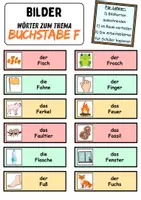 Vorschau - Mal- und Bastelvorlagen - Vokabelzettel/Bildkarten Thema Buchstabe F - DaZ/DaF, Deutsch (Wortschatz) - Seite 1