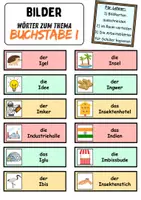 Vorschau - Arbeitsblätter - Vokabelzettel/Bildkarten Thema Buchstabe I - DaZ/DaF, Deutsch (Wortschatz) - Seite 1