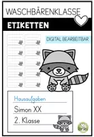 Vorschau - Präsentationen/Tafelbilder - Heftetiketten Waschbärenklasse – editierbare Etiketten für Hefte & Bücher Grundschule (A4) - Deckblatt