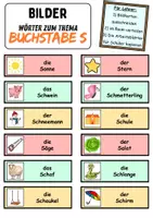 Vorschau - Mal- und Bastelvorlagen - Vokabelzettel/Bildkarten Thema Buchstabe S - DaZ/DaF, Deutsch (Wortschatz) - Seite 1