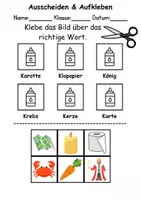 Vorschau - Mal- und Bastelvorlagen - Ausschneiden und kleben Buchstabe K - Wortschatz basteln Feinmotorik (Grundschule) - Seite 1