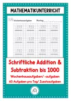 Vorschau - Arbeitsblätter - Wochenhausaufgaben: Schriftliche Addition und Subtraktion bis 1000 - Deckblatt