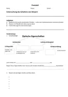 Vorschau - Arbeitsblätter - Protokoll Schattenbildung Schatten Versuchsprotokoll Experiment Licht Optik mit Lösungen - Deckblatt