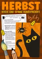 Vorschau - Arbeitsblätter - Schwarze Katze mit kleiner Spinne Kunstprojekt - Malen im Herbst & Halloween - Deckblatt