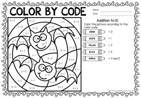 Vista previa - Hojas de trabajo - Color by code - Addition to 10 (Halloween) | Sumas y restas Matemáticas Inglés - página 2