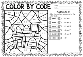 anteprima - Esercizi - Color by code - Addition to 10 (Halloween) | Aggiunta Matematica Inglese - Pagina 1