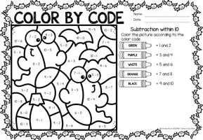 Vista previa - Hojas de trabajo - Color by code - Subtraction within 10 (Halloween) | Sumas y restas Matemáticas Inglés - página 1