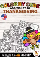 Vista previa - Hojas de trabajo - Color by code - Addition to 10 (Thanksgiving) | Sumas y restas Matemáticas Inglés - Portada