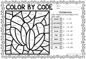 Aperçu - Feuilles d'exercices - Color by Code - Multiplication (Thanksgiving) | Multiplications Mathématiques Anglais - Page 1