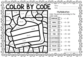 Aperçu - Feuilles d'exercices - Color by Code - Multiplication (Thanksgiving) | Multiplications Mathématiques Anglais - Page 3