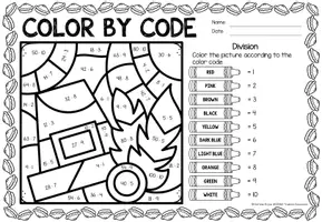 Aperçu - Feuilles d'exercices - Color by Code - Division (Thanksgiving) | Divisions Mathématiques Anglais - Page 1