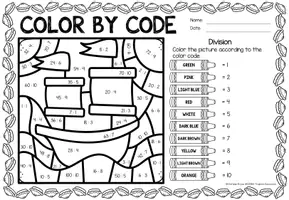 Aperçu - Feuilles d'exercices - Color by Code - Division (Thanksgiving) | Divisions Mathématiques Anglais - Page 3