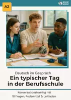 Aperçu - Feuilles d'exercices - Dialogue A2 « Une journée typique à l’école professionnelle » – 18 questions avec expressions clés & guide - Page de couverture
