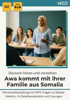 Aperçu - Feuilles d'exercices - Compréhension orale A2 : Awa arrive avec sa famille de Somalie – avec transcription, MP3 & extrait audio - Page de couverture