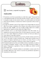 Vista previa - Hojas de trabajo - Comprensión lectora – melocotón + soluciones con material complementario y banco de palabras - página 1