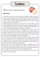 Vista previa - Hojas de trabajo - Comprensión lectora – manzana + soluciones con material complementario y banco de palabras - página 1