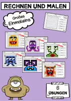 Vorschau - Arbeitsblätter - Großes Einmaleins Rechenmalblätter mit Monster-Pixelbildern 1x1 Kopfrechnen Mathe Rechnen und Malen - Deckblatt