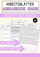 Vorschau - Arbeitsblätter - Andeanische Musik Musik Lesetext mit Richtig Falsch Multiple Choice und Offenen Fragen - Deckblatt