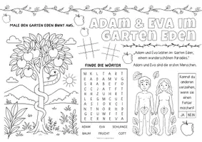 Vorschau - Stundenentwürfe - Adam und Eva - Religion Bibelgeschichten "Spiel- & Rätselmatte" | Adam und Eva Grundschule | Klasse 2, 3 & 4 | Schöpfung Adam und Eva | Aufgaben für Schnelle | Ich bin fertig Aufgaben | Lückenfüller - Seite 1