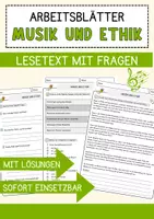 Vorschau - Arbeitsblätter - Musik und Ethik Musik Lesetext mit Richtig Falsch Multiple Choice und Offenen Fragen - Deckblatt
