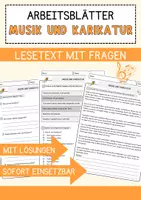 Vorschau - Arbeitsblätter - Musik und Karikatur Musik Lesetext mit Richtig Falsch Multiple Choice und Offenen Fragen - Deckblatt