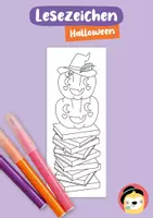 Vorschau - Mal- und Bastelvorlagen - Lesezeichen Halloween – Kürbisse auf Bücherstapel - Deckblatt