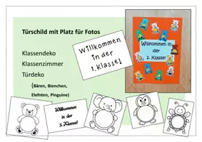 Vorschau - Mal- und Bastelvorlagen - Türschild mit Platz für Fotos (Klassenschild, Türdeko, Klassenzimmer, Willkommen) - Deckblatt