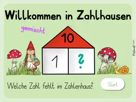 Vorschau - Stationenlernen - Zahlzerlegung - Zahlenhaus - gemischt 2-10 (Spiel 1) - interaktive PDF/Quiz - Seite 1