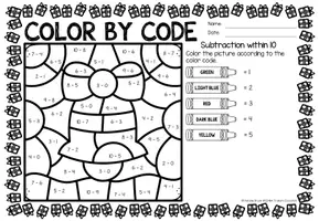 Vista previa - Hojas de trabajo - Color by code - Subtraction within 10 (Christmas) | Navidad Sumas y restas Matemáticas Inglés - página 1