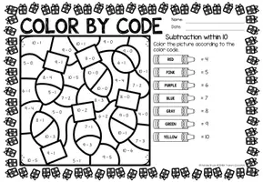 Vista previa - Hojas de trabajo - Color by code - Subtraction within 10 (Christmas) | Navidad Sumas y restas Matemáticas Inglés - página 3
