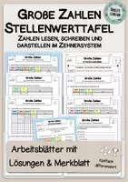 Vorschau - Arbeitsblätter - Große Zahlen – Stellenwerttafel – Zahlen in Worten – fünffach differenziert - Deckblatt