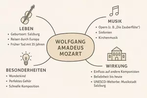 Vorschau - Arbeitsblätter - AB mit Fragen zum Thema "Wolfgang Amadeus Mozart" + Lösungsblatt + Mindmap + Infografik - Seite 1