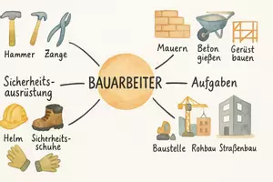 Vorschau - Arbeitsblätter - AB mit Fragen zum Thema "Bauarbeiter" + Lösungsblatt + Mindmap - Seite 1