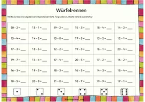 Vorschau - Arbeitsblätter - Würfelrennen Addition und Subtraktion bis 20 - Deckblatt