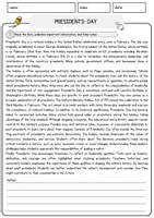 Vorschau - Arbeitsblätter - Presidents_ Day Englisch Arbeitsblatt Events and Celebrations Reading Comprehension - Seite 1