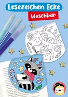 Vorschau - Mal- und Bastelvorlagen - Lesezeichen Ecke – Waschbär mit Weihnachtsmotiven - Deckblatt