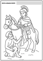 Vorschau - Mal- und Bastelvorlagen - Ausmalbild St. Martin auf dem Pferd – Teilen des Mantels | Malvorlage für Kinder - Seite 1