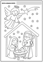 Vorschau - Mal- und Bastelvorlagen - Ausmalbild Krippenszene – Maria, Josef, Jesuskind und Stern von Bethlehem | Weihnachten | Religion Grundschule - Seite 1