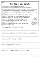 Vorschau - Arbeitsblätter - Ein Tag in der Schule - Freebie | Leseverständnis Klasse 1 + 2 - Seite 1