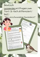Vorschau - Arbeitsblätter - Leseprobe Deutsch Klasse 3/4 mit Differenzierung und Benotungsvorschlag! (DaZ) "Das verschwundene Pausenbrot" - Deckblatt