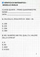 anteprima - Esercizi - VERIFICA DI PRIMO QUADRIMESTRE MATEMATICA CLASSE QUINTA - Pagina 1
