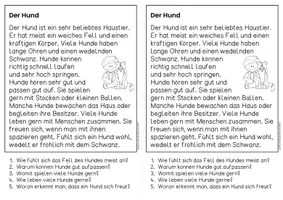 Vorschau - Arbeitsblätter - Der Hund - Sachtexte | Haustiere - für Hefteinträge - Leseverständnis Klasse 1 & 2 - Seite 1