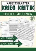 Vorschau - Arbeitsblätter - Krieg Kritik Religion Arbeitsblätter mit Fragen + Lösungen Lesetext - Deckblatt