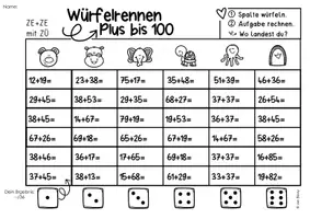 Vorschau - Arbeitsblätter - Würfelrennen plus/minus bis 100 Arbeitsblatt und interaktive PDF (#homeschooling) - Seite 1