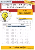 Vorschau - Arbeitsblätter - Gemischte Zahlen in unechte Brüche umwandeln - Arbeitsblatt mit Lösungen - Deckblatt