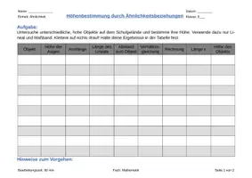 Vorschau - Arbeitsblätter - Gruppenarbeit: Höhenbestimmung mit Ähnlichkeitsbeziehungen - Deckblatt
