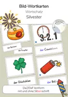Vorschau - Spiele - 25 Bildkarten / Wortkarten Silvester / Neujahr mit/ohne Silbenschrift - Deckblatt